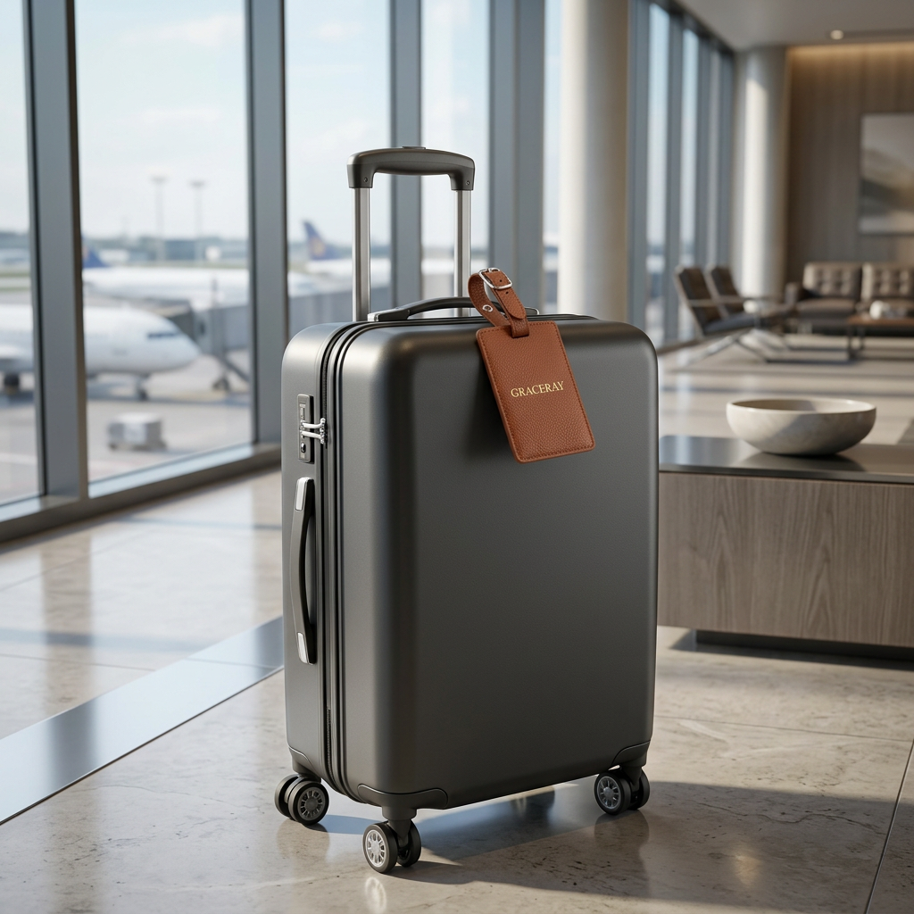 Custom leather luggage tag attached to suitcase handle in an airport terminal lounge