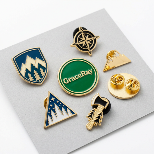 Custom enamel pins with colorful brand logos and illustrated designs for merchandise collections.