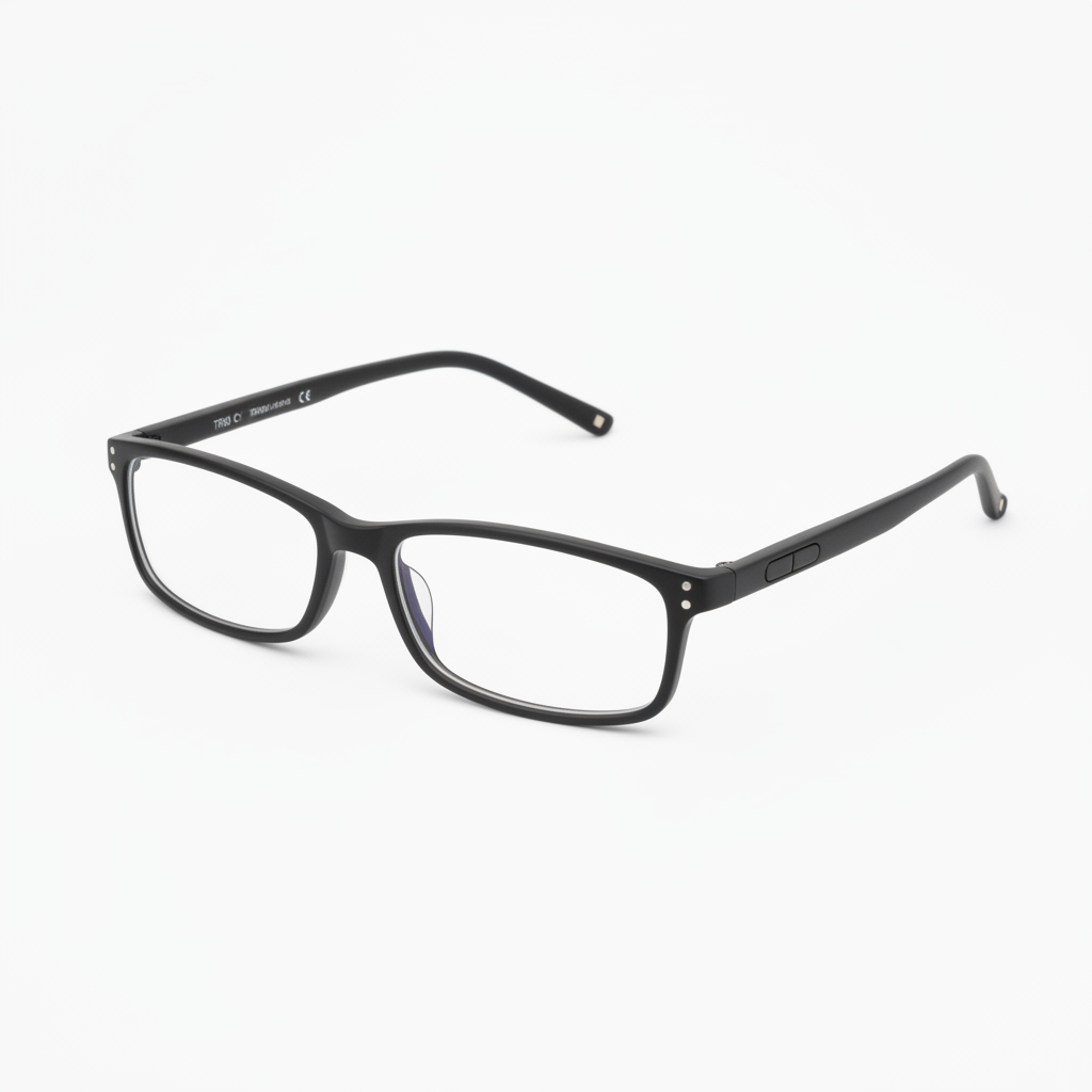 Three-quarter side angle profile view of LED reading glasses on white background