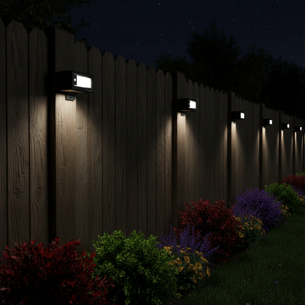 Solar Fence Lights installed along a wooden garden boundary fence at night