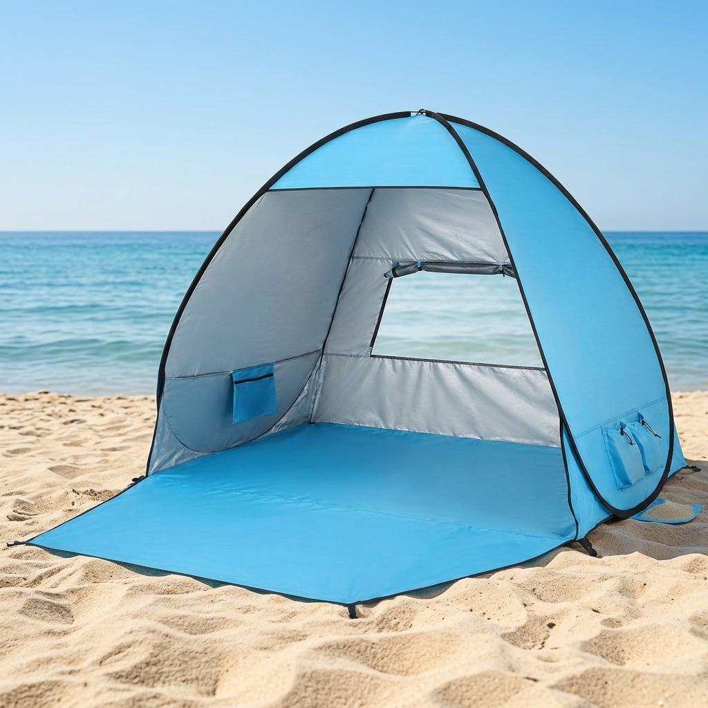 Pop-up beach tent pitched on a sunny golden sand beach facing the ocean under a clear sky