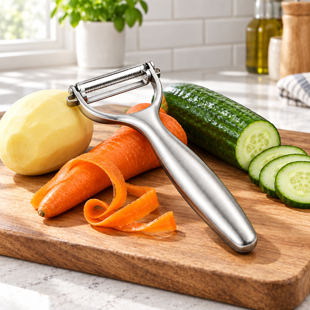 Stainless steel vegetable peeler on wooden cutting board with fresh peeled vegetables on kitchen countertop