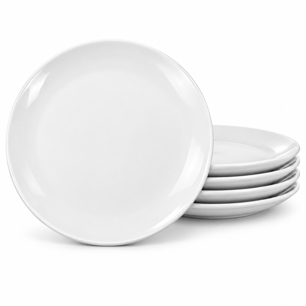 Empty round white glazed ceramic dinner plate showing smooth glossy finish, alongside a stack of four nested plates demonstrating compact stackable storage on a pure white background