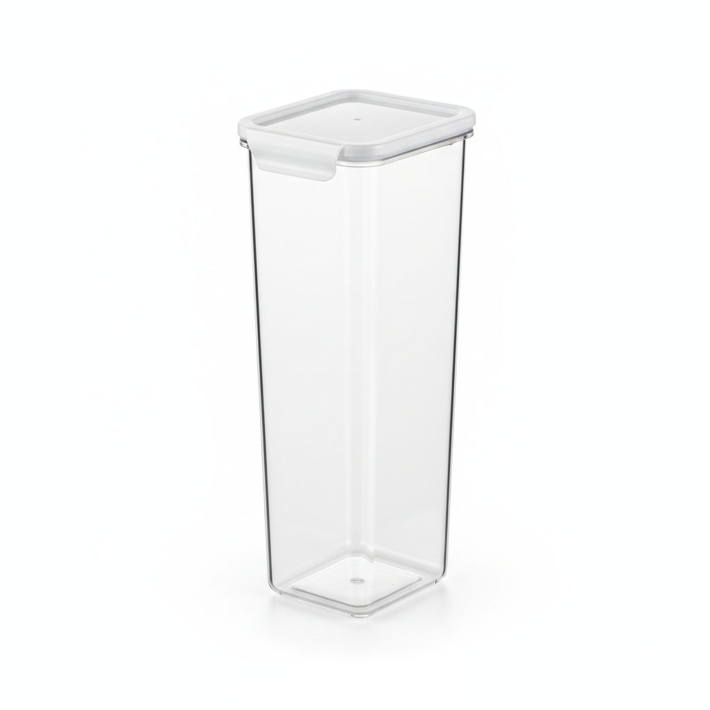 Slim rectangular clear airtight food storage container with white snap lid on pure white background