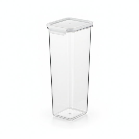 Slim rectangular clear airtight food storage container with white snap lid on pure white background