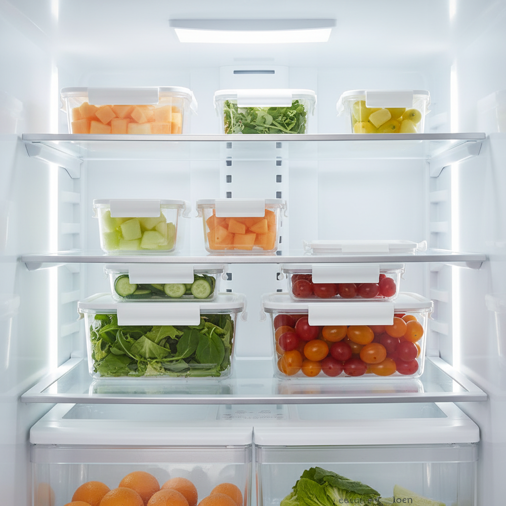 Multiple rectangular snap lid food storage containers arranged inside an illuminated refrigerator