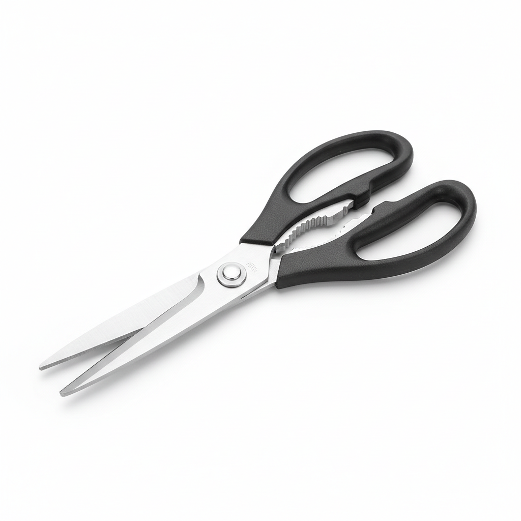 Multi-function stainless steel kitchen scissors with black handles and built-in nutcracker on pure white background