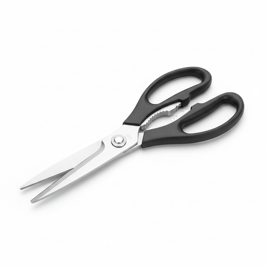 Multi-function stainless steel kitchen scissors with black handles and built-in nutcracker on pure white background