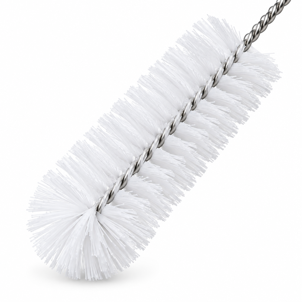 Close-up of the bottle cleaning brush cylindrical bristle head and twisted stainless steel wire stem