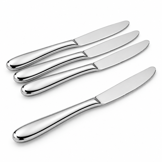Clean mirror polished stainless steel table knife showing blade edge and handle, alongside identical knives on a pure white background