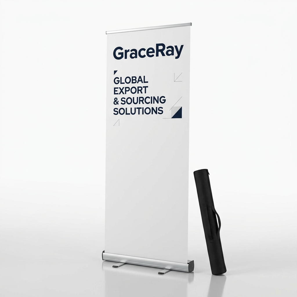 Retractable roll up banner stand with a custom printed graphic for a trade show or business event.