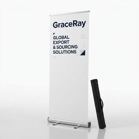 Retractable roll up banner stand with a custom printed graphic for a trade show or business event.