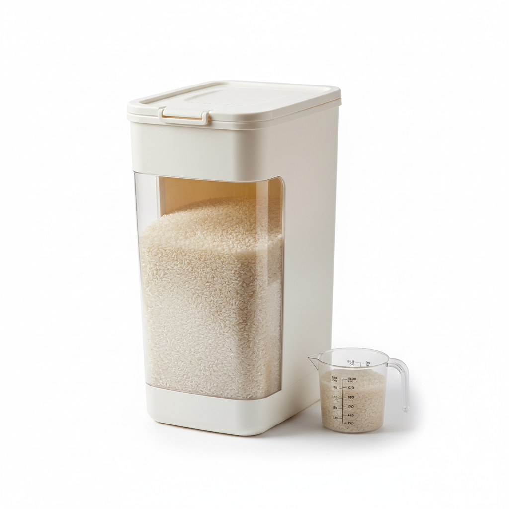 Large upright rice storage container with clear window and measuring cup on pure white background
