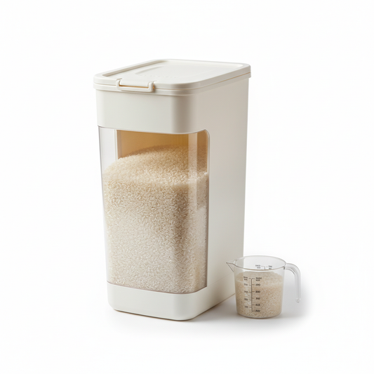 Large upright rice storage container with clear window and measuring cup on pure white background