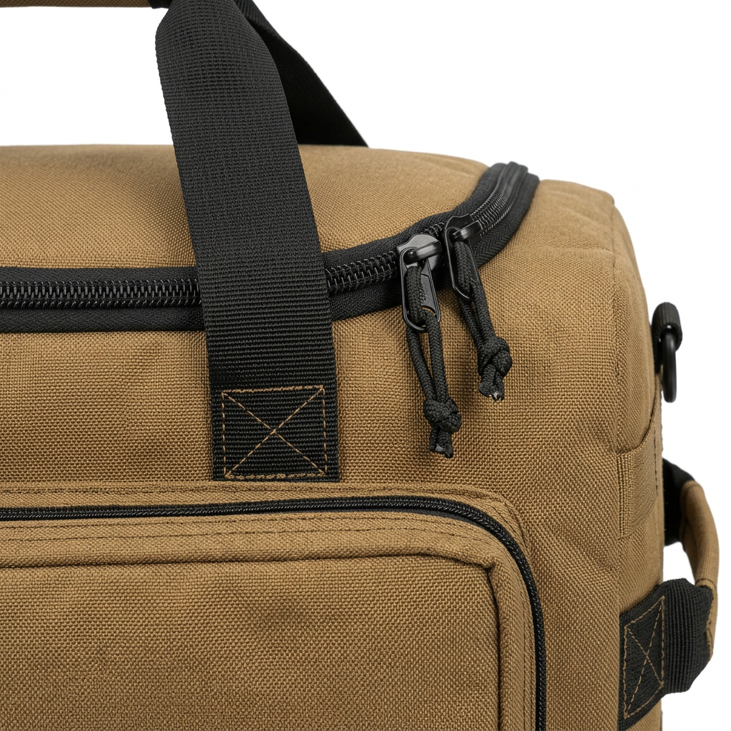Close-up macro detail of outdoor storage bag two-way zipper closure, reinforced webbing handle anchor, and heavy-duty 900D Oxford weave