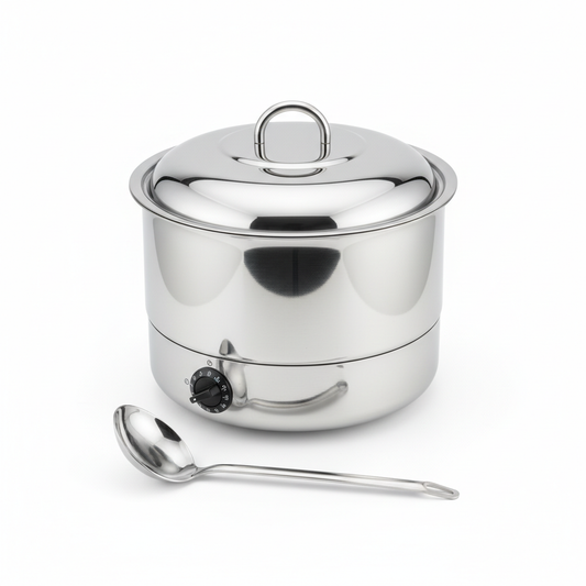 Round mirror-polished stainless steel electric hotel soup warmer pot approximately 8 liters with dome lid with loop handle integrated electric heating base with temperature dial and stainless steel ladle resting flat beside pot on white background, commercial hospitality buffet banquet catering equipment
