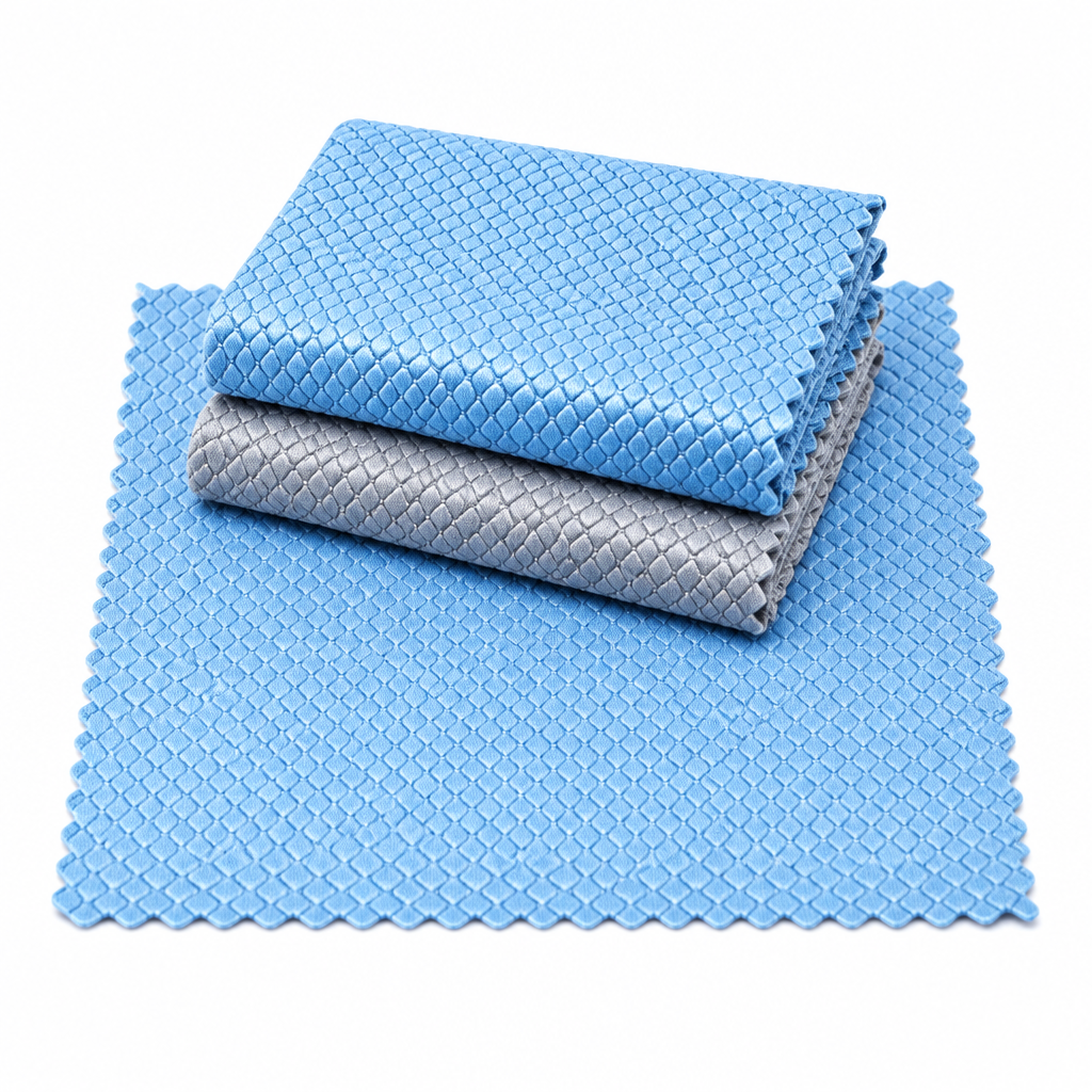 Microfiber cleaning cloth, fish scale grid weave polishing cloths in light blue and gray on white background