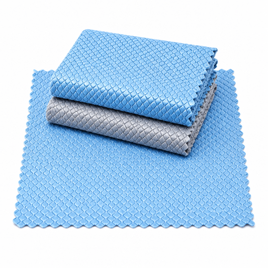 Microfiber cleaning cloth, fish scale grid weave polishing cloths in light blue and gray on white background