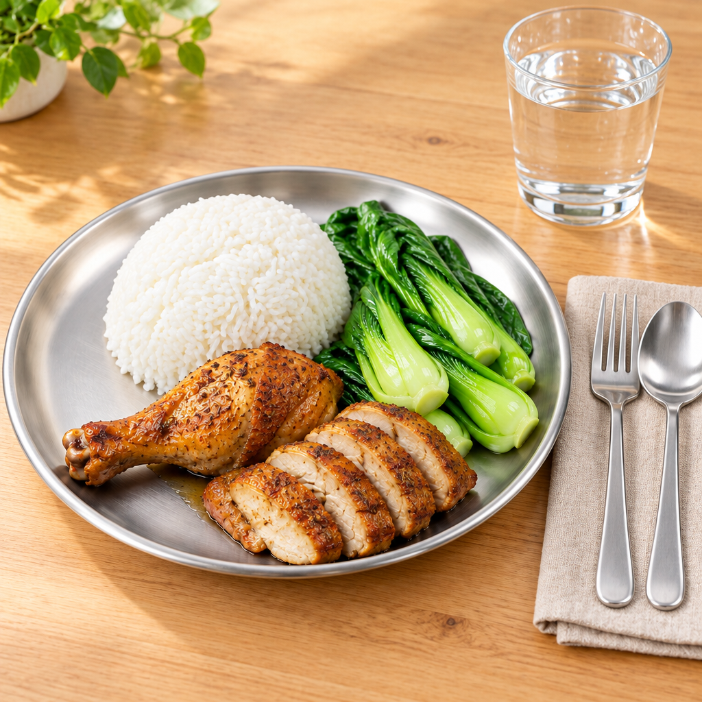 Stainless steel dinner plate with a home-cooked meal on a wooden dining table with water glass and cutlery