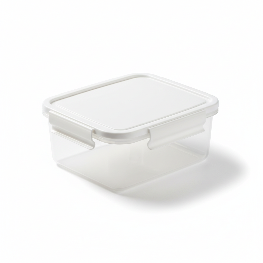 Rectangular clear food storage box with white snap lid on pure white background