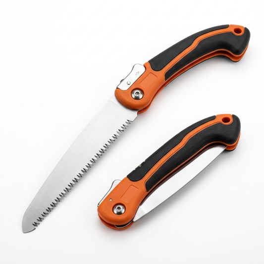Folding pruning saw displayed both fully opened and completely folded into handle on pure white background