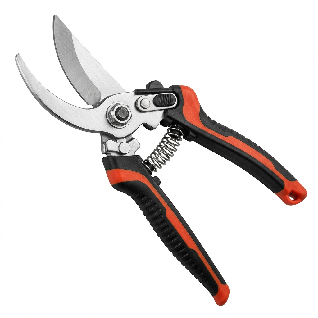 Standard bypass pruning shears with curved blades, center pivot bolt, coil spring, and ergonomic grip on pure white background