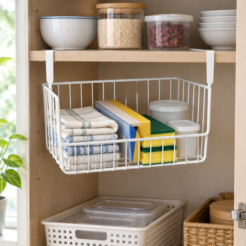 Under-shelf wire basket installed beneath a kitchen cabinet shelf holding towels and sponges