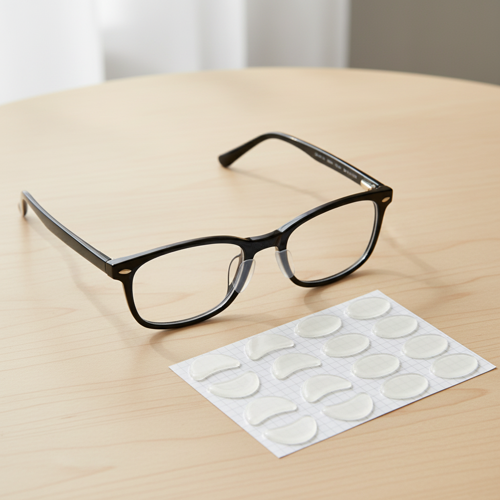 Self-adhesive nose pads beside black acetate eyeglass frame on wooden table