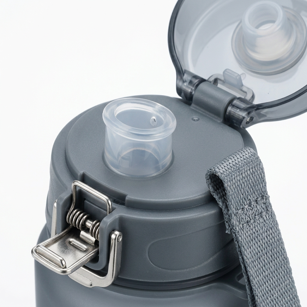 Detail close-up of sports water bottle flip lid, direct-drink spout, and carrying strap on white background