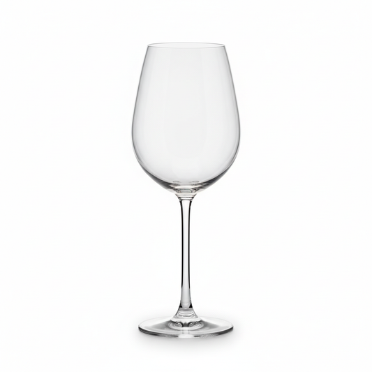 Clear lead-free crystal hotel wine glass approximately 400ml with classic tulip-shaped bowl narrowing at rim long slender stem and wide stable flat base with beautiful light refraction on white background, commercial hospitality restaurant banquet glassware