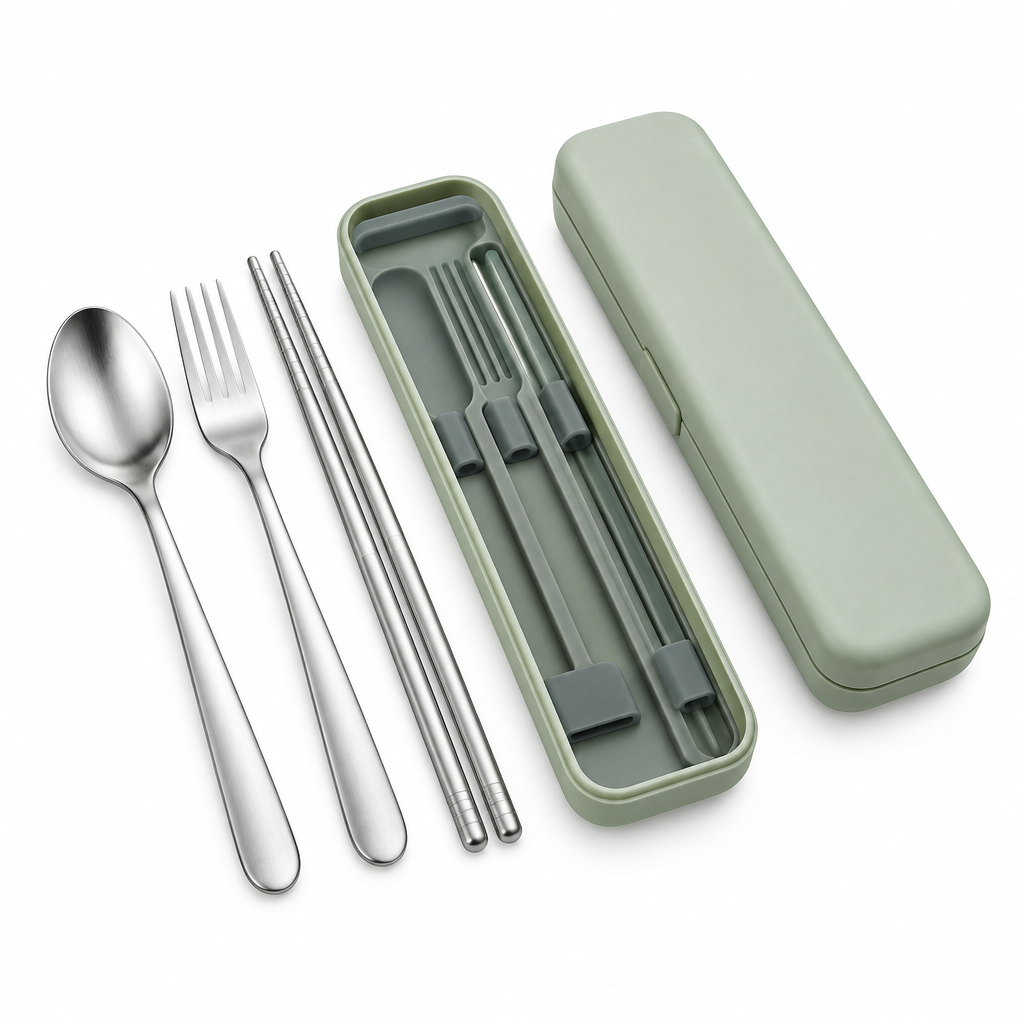 Portable stainless steel cutlery set with spoon, fork, chopsticks, and sage green carrying case on white background