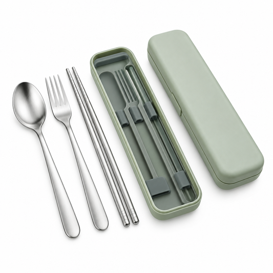 Portable stainless steel cutlery set with spoon, fork, chopsticks, and sage green carrying case on white background