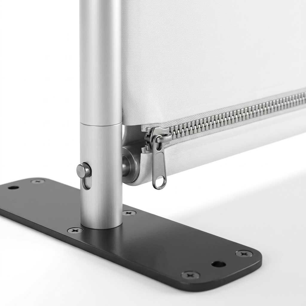Detail close-up of tension fabric backdrop showing tubular aluminum snap-lock frame and tension zipper on white background