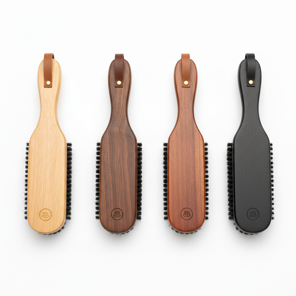 Assorted wood finish options of hotel clothes brushes with engraved logo on white background