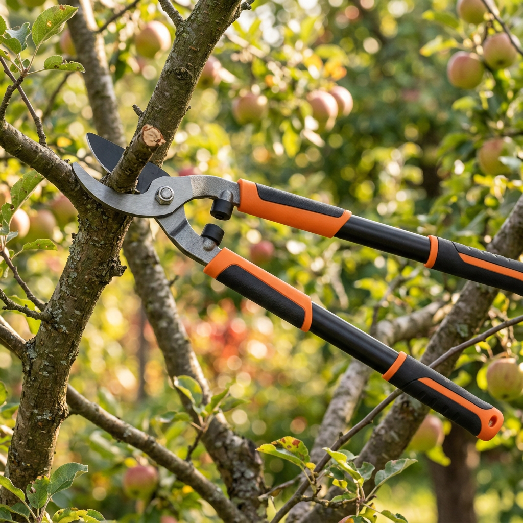 Garden loppers positioned trimming a tree branch in an outdoor orchard under bright natural sunlight