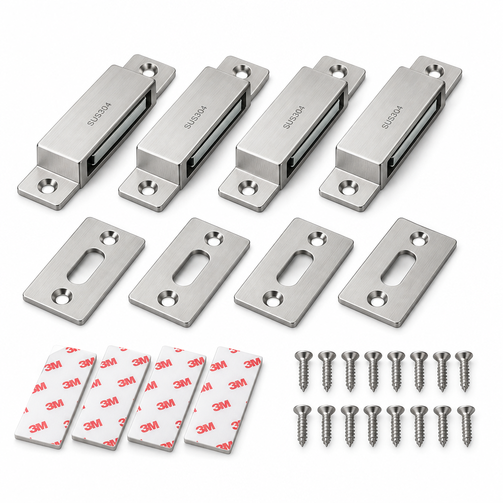 Ultra-thin stainless steel magnetic cabinet door catches with matching strike plates, adhesive pads, and screws on a pure white background