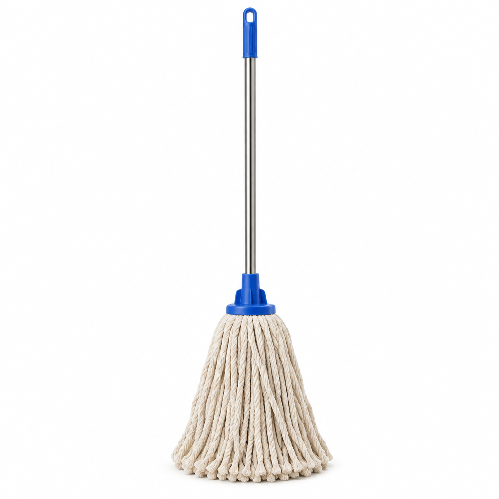 Cotton string mop, thick natural off-white multi-ply twisted cotton yarn mop with blue connector on white background