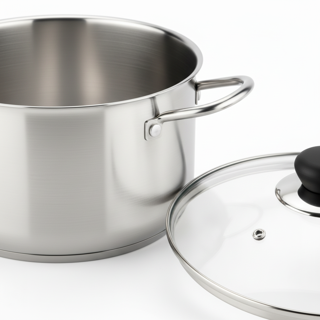 Close-up detail of brushed stainless steel pot body, riveted loop side handle, and tempered glass lid on white.