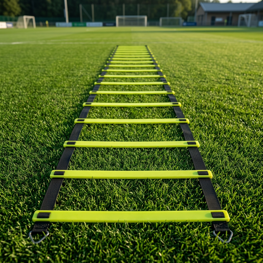 Agility training ladder fully extended on a grass sports field for footwork conditioning