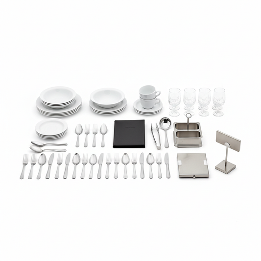 Coordinated hotel buffet and restaurant supply collection flat lay on white background including white porcelain dinner plates soup bowls and cups mirror-polished stainless steel cutlery clear crystal water glasses stainless steel serving tongs and ladle black PU leather menu holder brushed stainless steel condiment holder rectangular napkin holder and table number stand arranged in clean organized grid layout, commercial hospitality multi-category procurement collection
