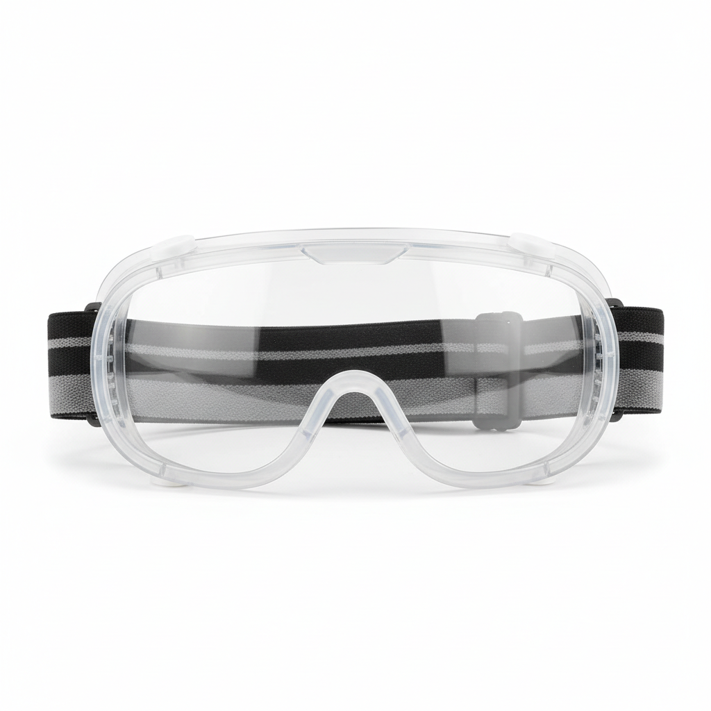 Panoramic safety goggles with anti-fog lens and indirect vents on white background