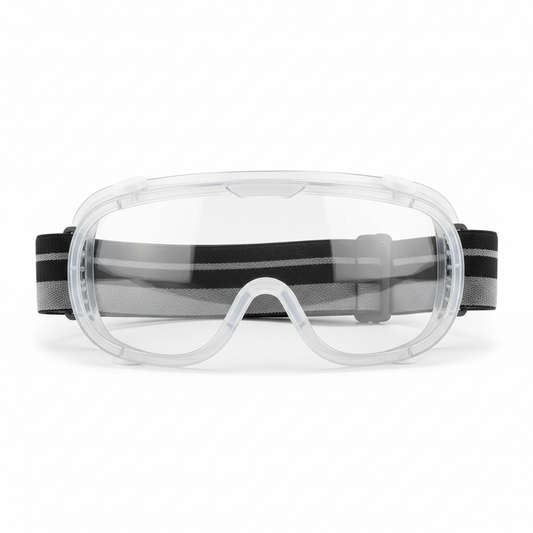 Panoramic safety goggles with anti-fog lens and indirect vents on white background