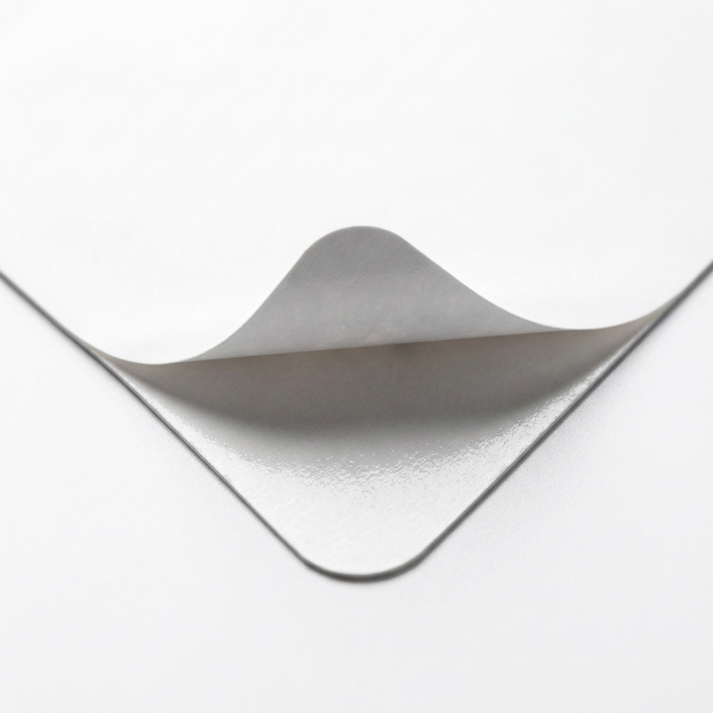 Detail close-up of promotional vinyl sticker showing peeled corner, adhesive backing, and matte lamination on white background