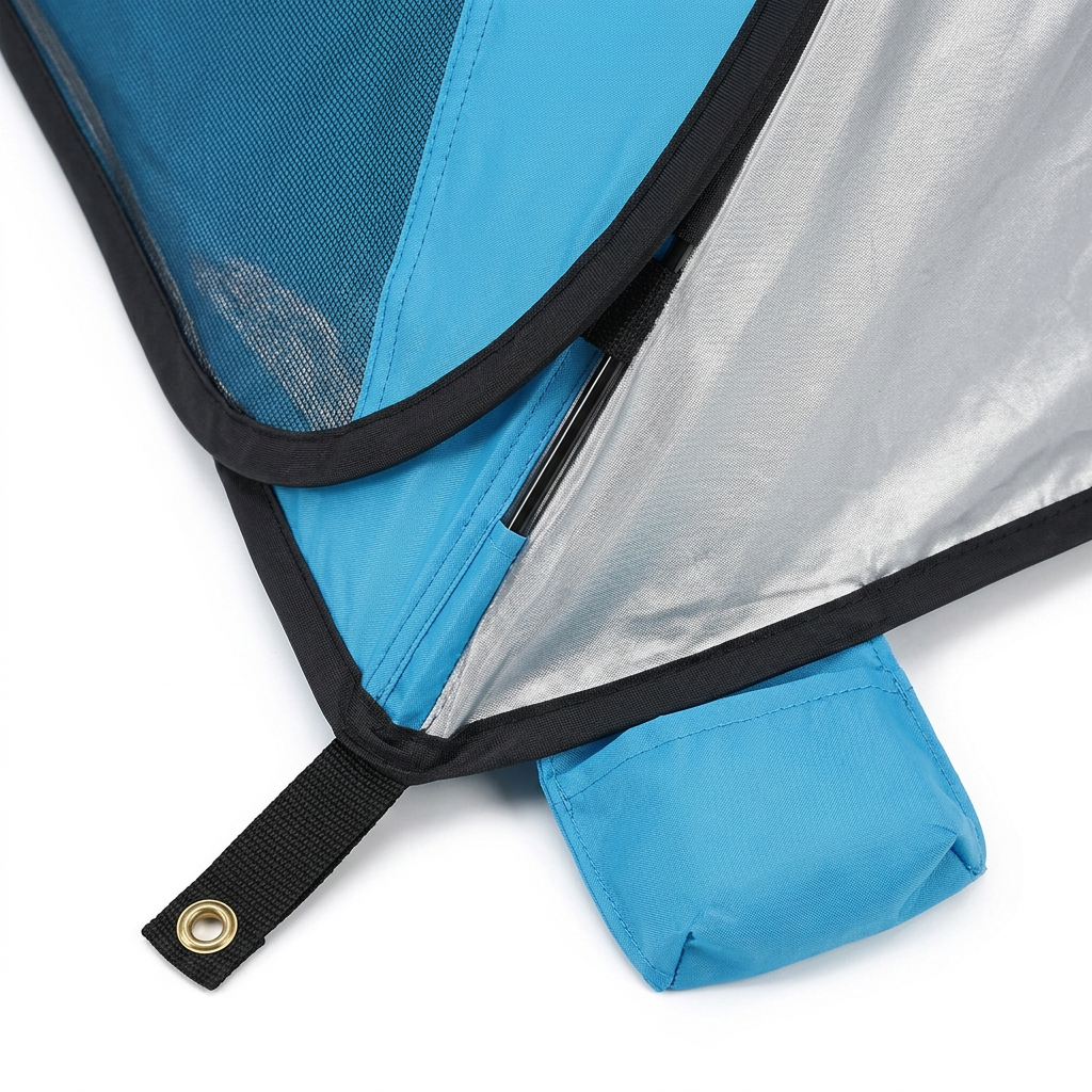 Detail close-up of pop-up beach tent showing flat steel wire frame edging, silver UV lining, rear mesh window, and corner anchor tie-down loop on white background