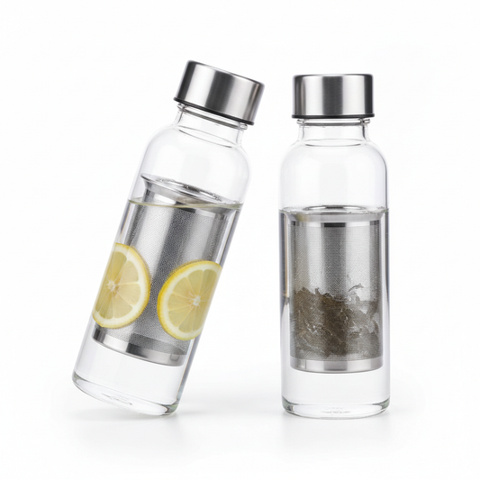 Borosilicate glass water bottles with stainless steel fruit and tea infuser baskets on pure white background
