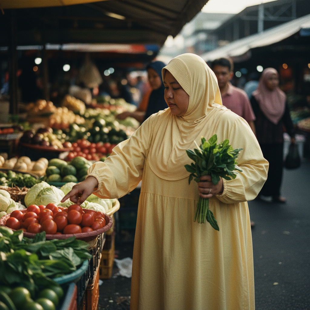 Malaysian Muslim woman yellow breathable modest dress at market