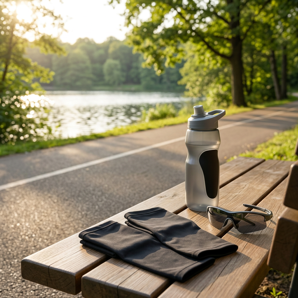 Sports arm sleeves neatly folded on a park bench beside a cycling water bottle