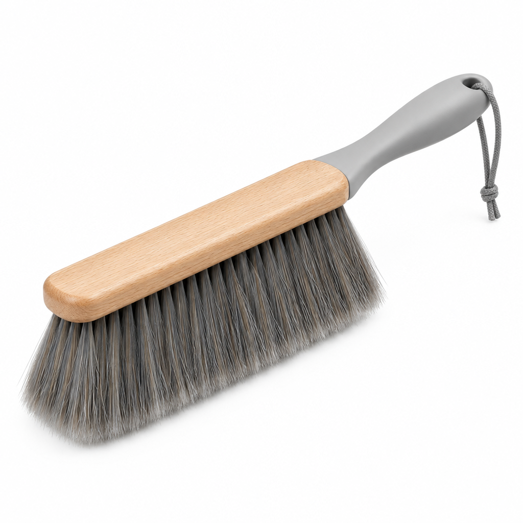 Household dusting brush with natural beechwood block, ultra-soft gray bristles, and ergonomic handle with hanging lanyard on white background