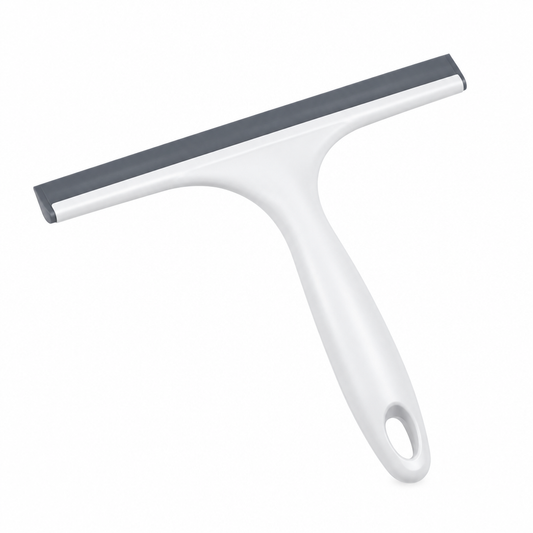 Glass cleaning squeegee with white ergonomic handle and flexible gray silicone blade on white background