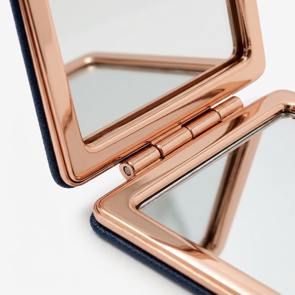 Detail close-up of compact travel mirror showing metal hinge mechanism and reflective glass on white background
